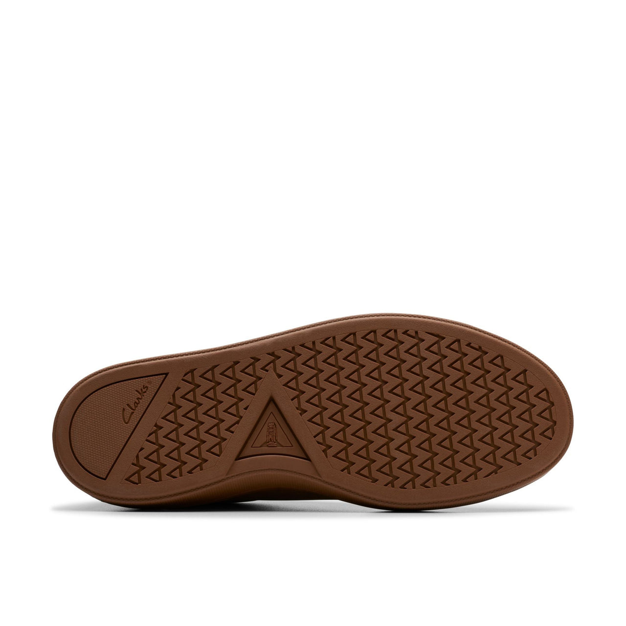 Close-up of the MENS CLARKS CRAFT SWIFT shoe showing the logo and comfortable insole technology