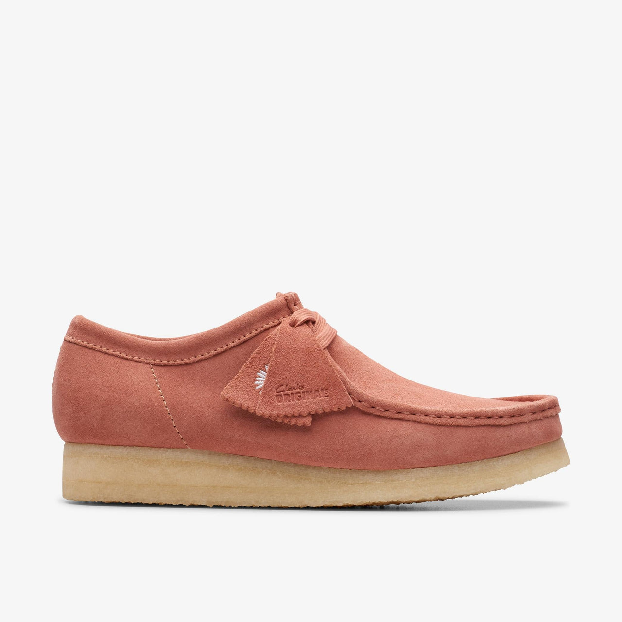 Mens CLARKS WALLABEE - TERRACOTTA SDE shoes on a wooden floor