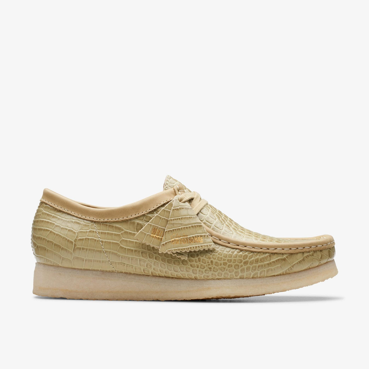 Men's Clarks Wallabee shoes in maple croc leather, front view