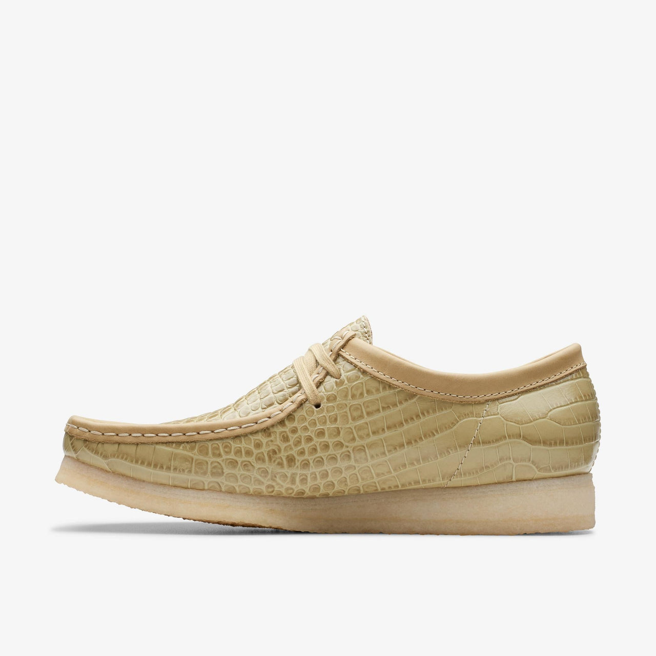 Handcrafted men's Clarks Wallabee shoes in maple croc leather