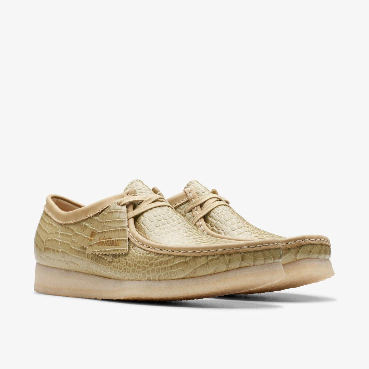 Stylish and comfortable mens Clarks Wallabee shoes in maple croc