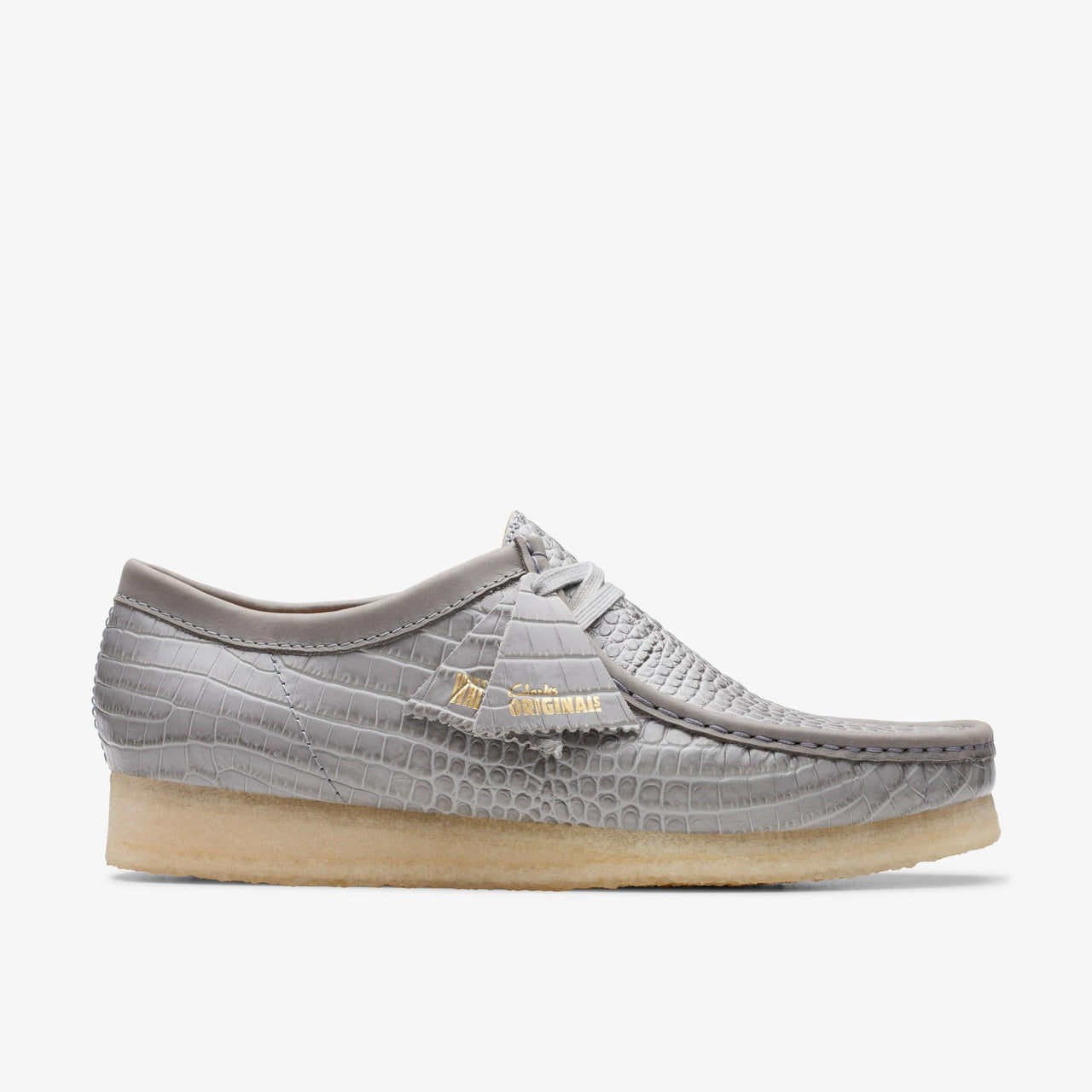 Mens Clarks Wallabee shoe in grey crocodile print