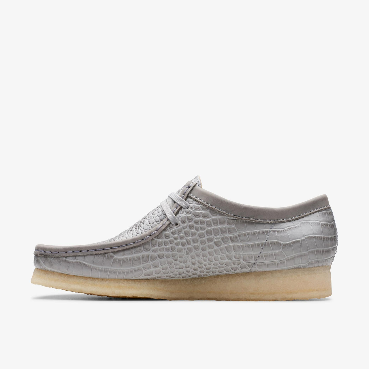 Stylish mens Clarks Wallabee in a unique grey crocodile pattern