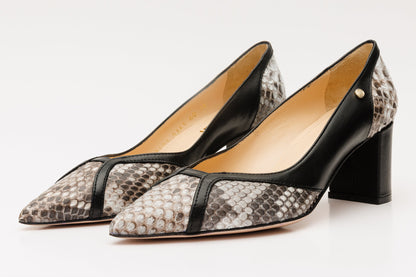 The Toskana Black & Natural Pythn Leather Block Heel Pump Women Shoe