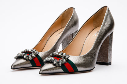 The Afega Silver Leather Block Heel Pump Women Shoe