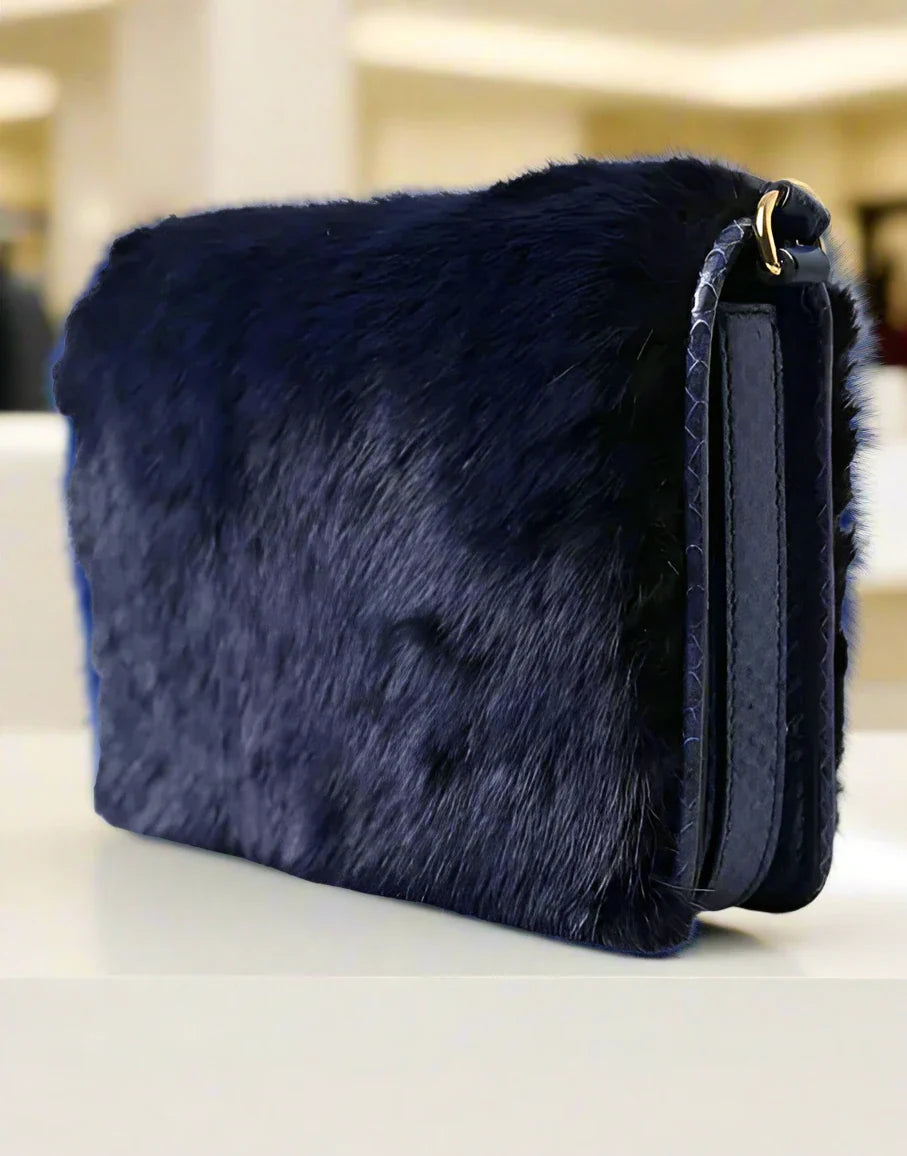 Dolce And Gabbana Mink Fur Shoulder Bag Leather Blue BAG1196