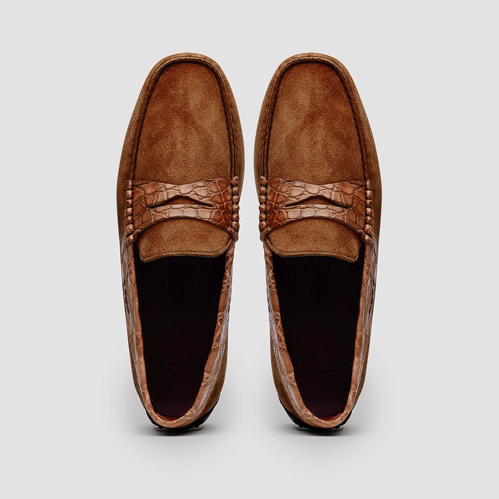 31 - 160 - Cgn Monza Sueded Calfskin With Crocodile Driver, Cognac Shop by Zelli Italia – Don't Panic Shoes