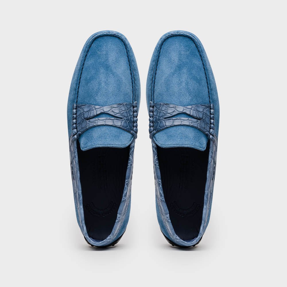 31 - 160 - Dnm Monza Sueded Calfskin With Crocodile Driver Denim Shop by Zelli Italia – Don't Panic Shoes