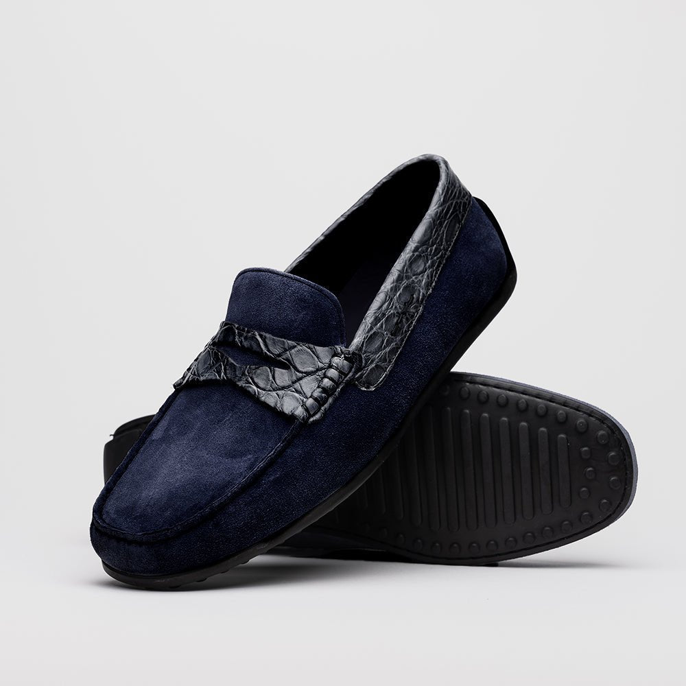 31 - 160 - Nvy Monza Sueded Calfskin With Crocodile Driver, Navy Shop by Zelli Italia – Don't Panic Shoes