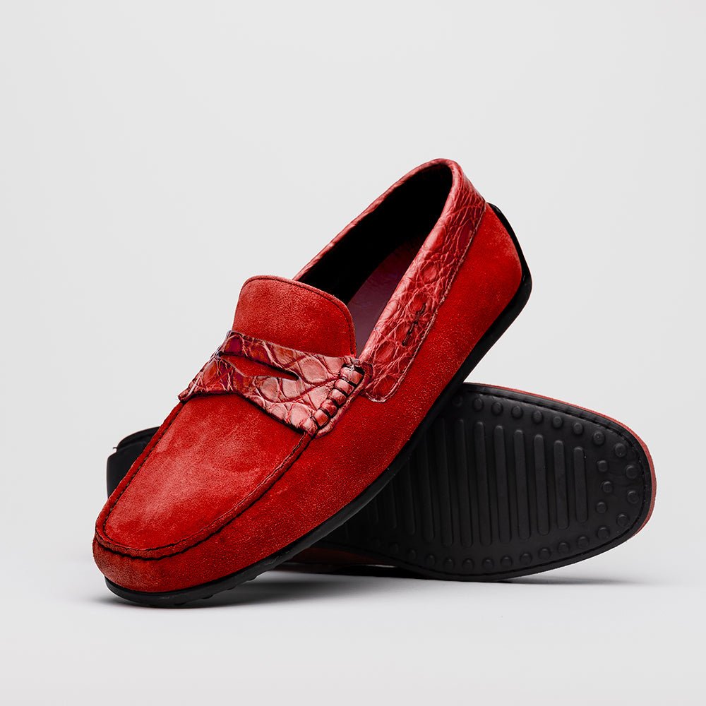 31 - 160 - Red Monza Sueded Calfskin With Crocodile Driver, Red Sale by Zelli Italia – Don't Panic Shoes