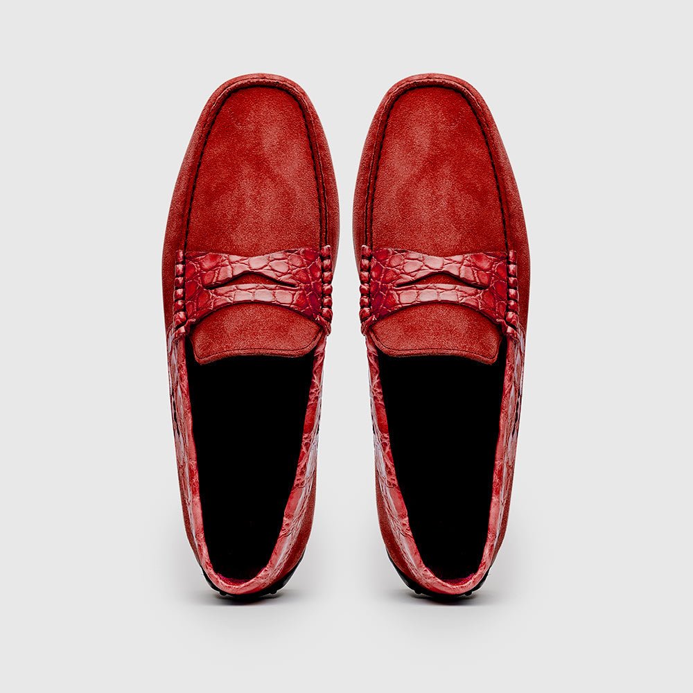 31 - 160 - Red Monza Sueded Calfskin With Crocodile Driver, Red Sale by Zelli Italia – Don't Panic Shoes
