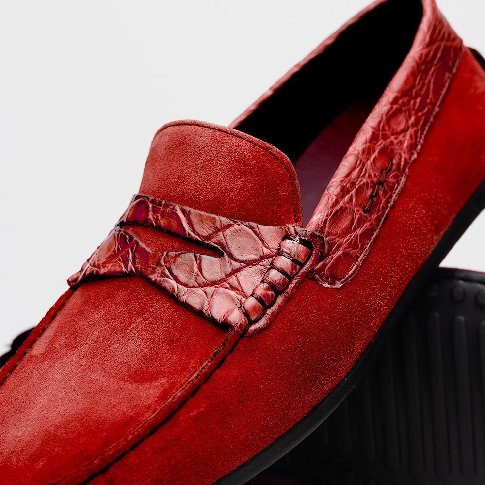 31 - 160 - Red Monza Sueded Calfskin With Crocodile Driver, Red Sale by Zelli Italia – Don't Panic Shoes