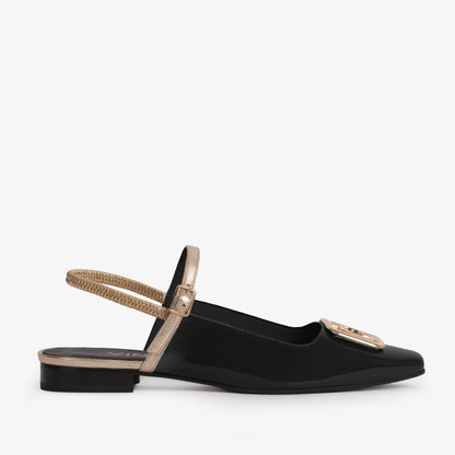 The Rosalinda Black Leather Women Flat Slingback Sandal