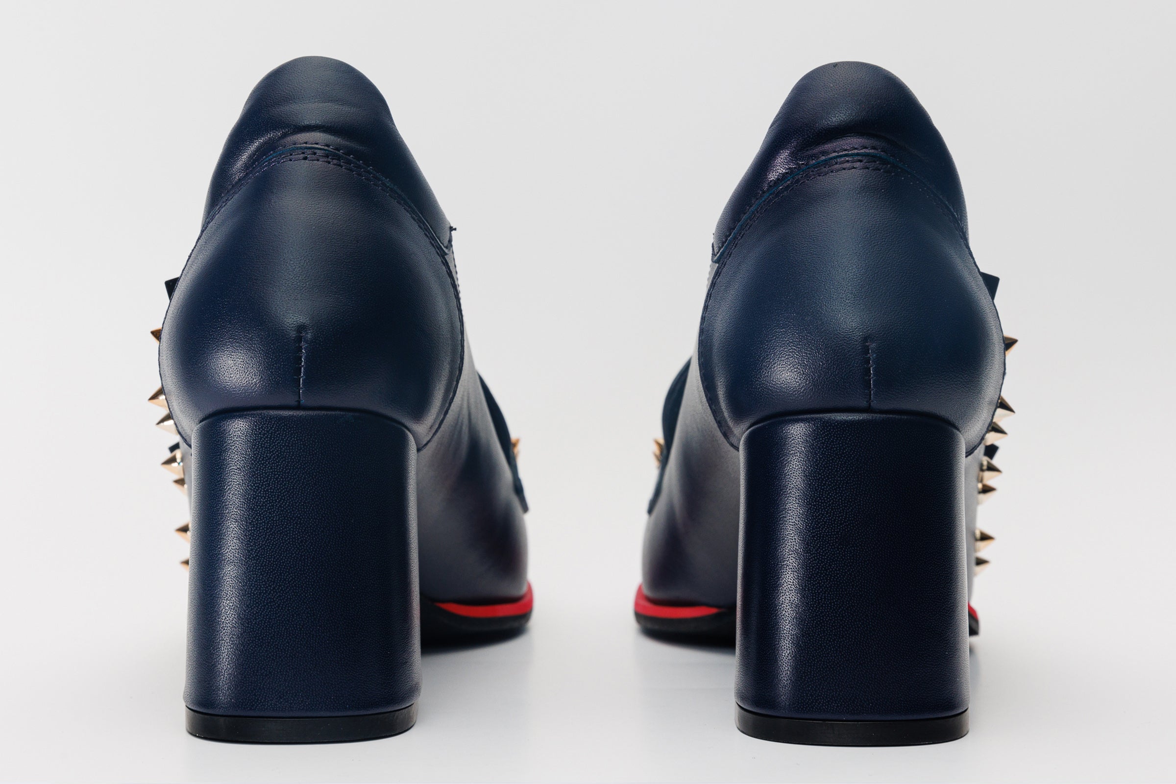 The Infanta Navy Blue Spike Leather Block Heel Pump Women Shoe