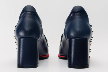 The Infanta Navy Blue Spike Leather Block Heel Pump Women Shoe