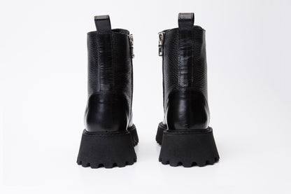 The Yildiz Black Leather Lace-Up Ankle Women  Boot With a Side Zipper
