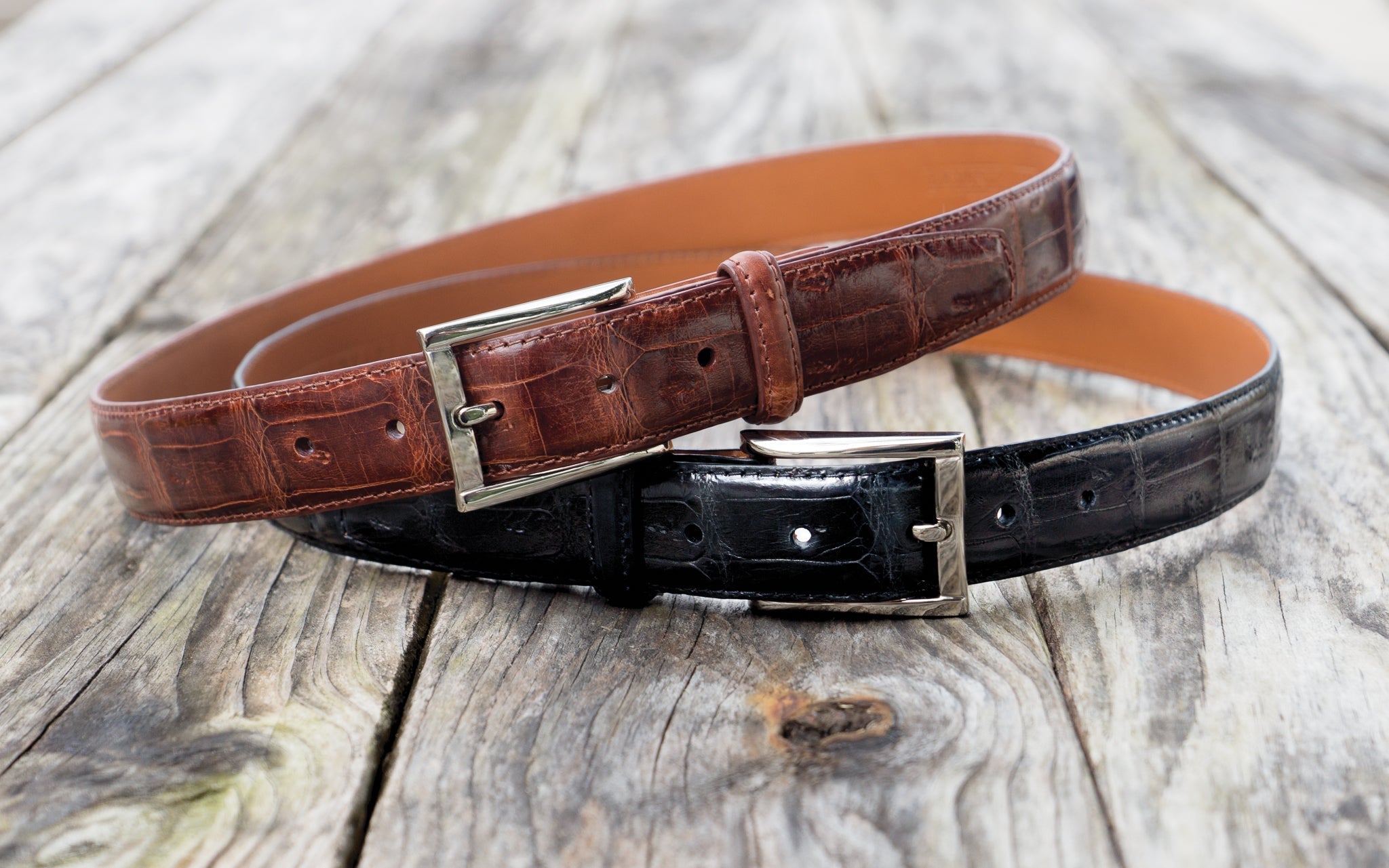 Crocodile Tail Belt Leather Cognac Polished Nickel Buckle