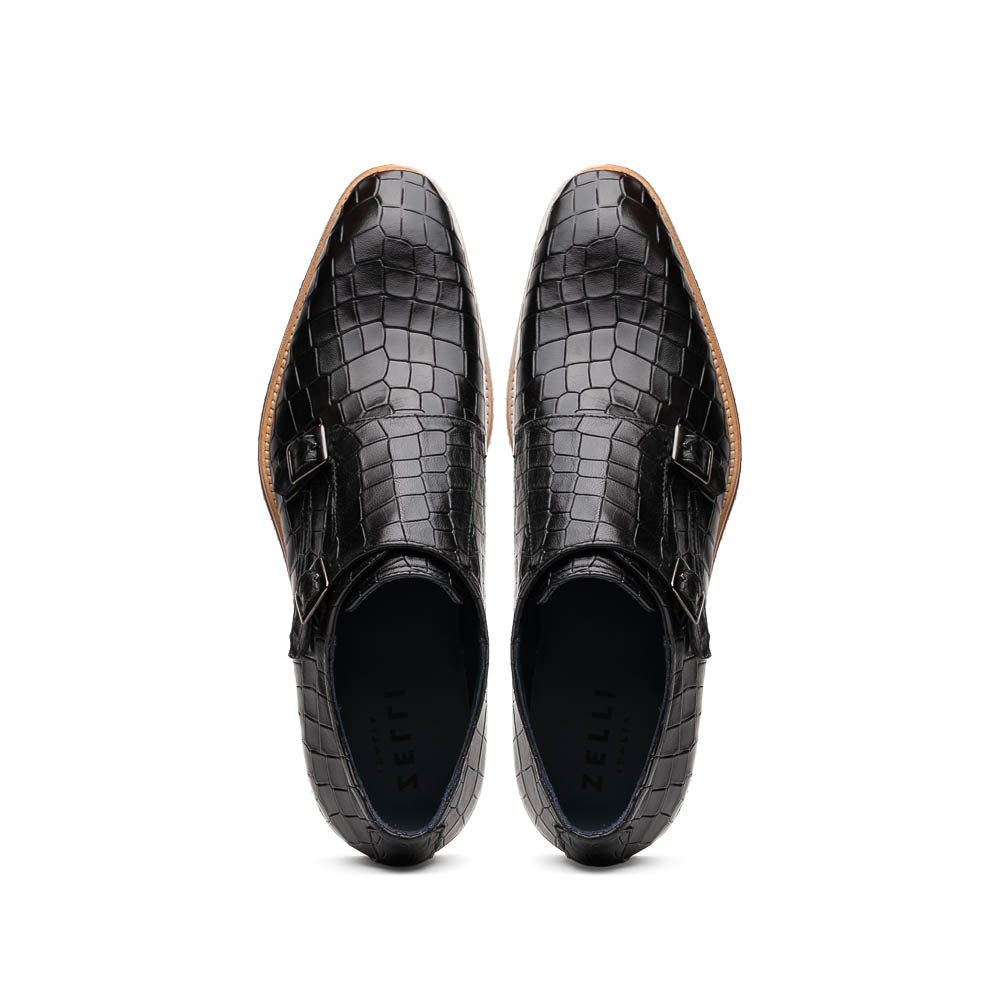 55 - 112 - Blk Legerra Hand Burnished Crocodile Print Monkstrap Black Sale by Zelli Italia – Don't Panic Shoes