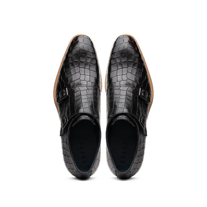 55 - 112 - Blk Legerra Hand Burnished Crocodile Print Monkstrap Black Sale by Zelli Italia – Don't Panic Shoes