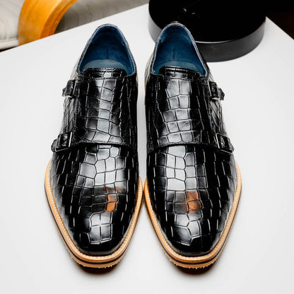 55 - 112 - Blk Legerra Hand Burnished Crocodile Print Monkstrap Black Sale by Zelli Italia – Don't Panic Shoes