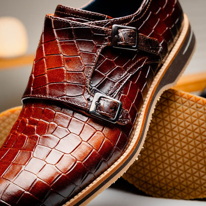 55 - 112 - Cgn Legerra Hand Burnished Crocodile Print Monkstrap Cognac Shop by Zelli Italia – Don't Panic Shoes