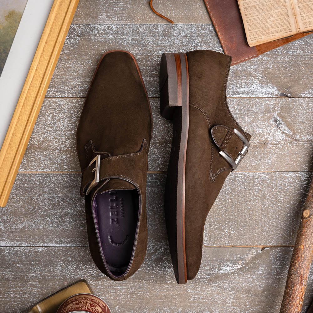 56 - 110 - Dbr Hebilla Monk Strap Italian Suede Calfskin Dark Brown Shop by Zelli Italia – Don't Panic Shoes