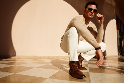 The Rand Brown Leather Double Buckle Brogue Men Boot with a Zipper