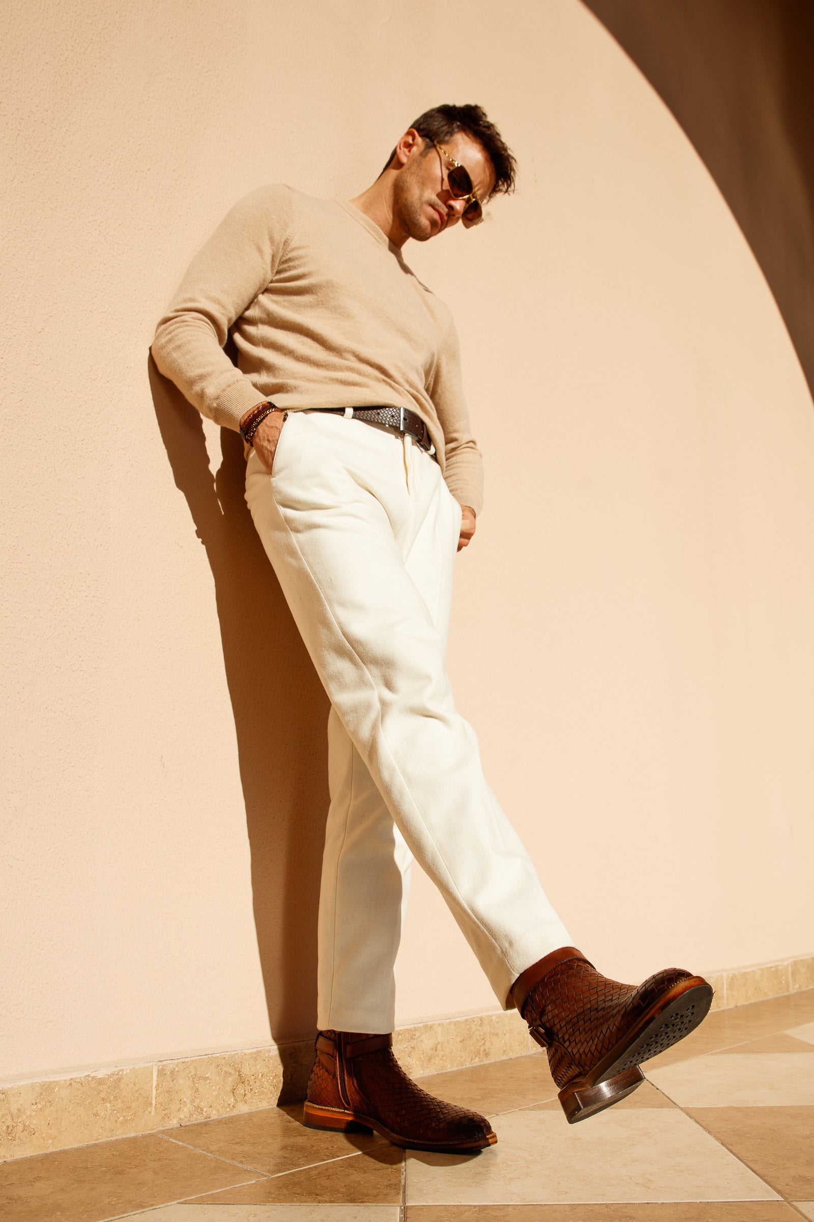 The Morral Tan Handwoven Leather Cross Strap Buckle Zip-Up Men Boot