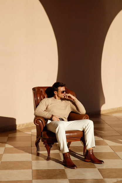 The Morral Tan Handwoven Leather Cross Strap Buckle Zip-Up Men Boot