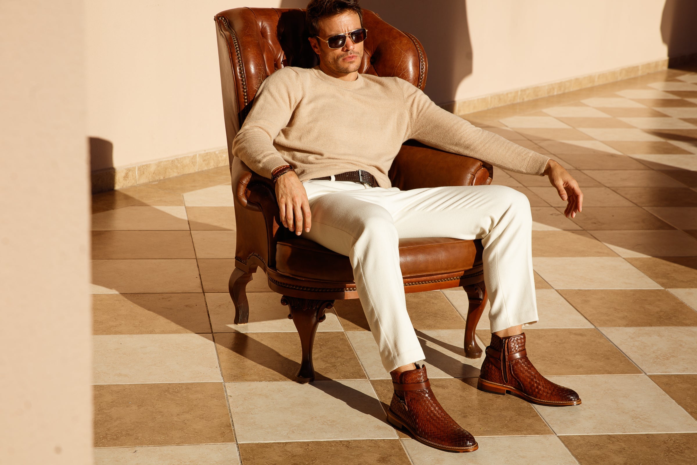 The Morral Tan Handwoven Leather Cross Strap Buckle Zip-Up Men Boot