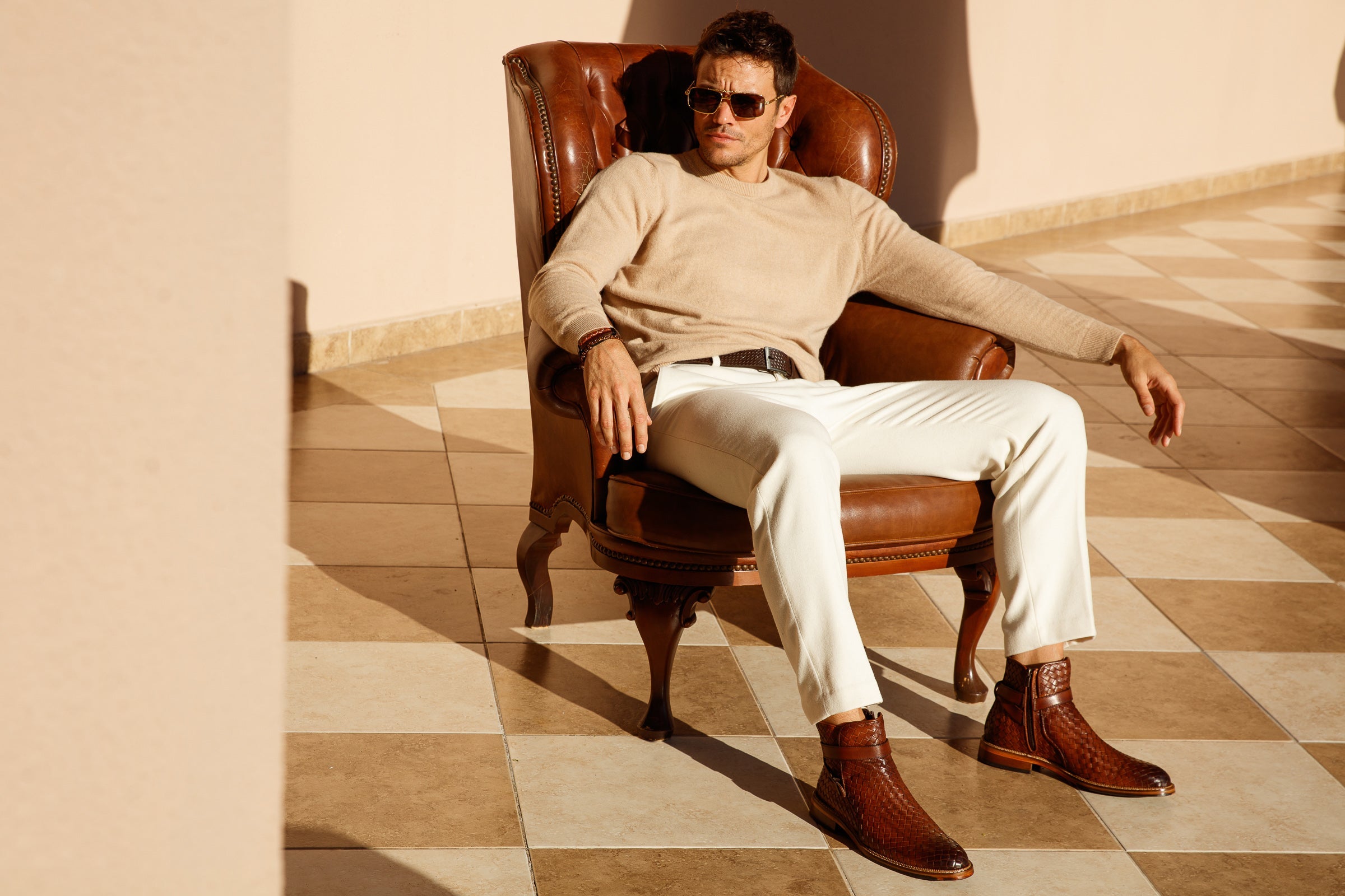 The Morral Tan Handwoven Leather Cross Strap Buckle Zip-Up Men Boot