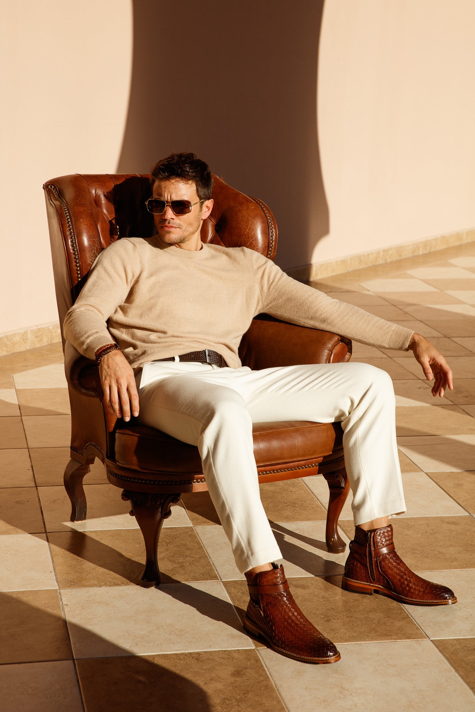 The Morral Tan Handwoven Leather Cross Strap Buckle Zip-Up Men Boot