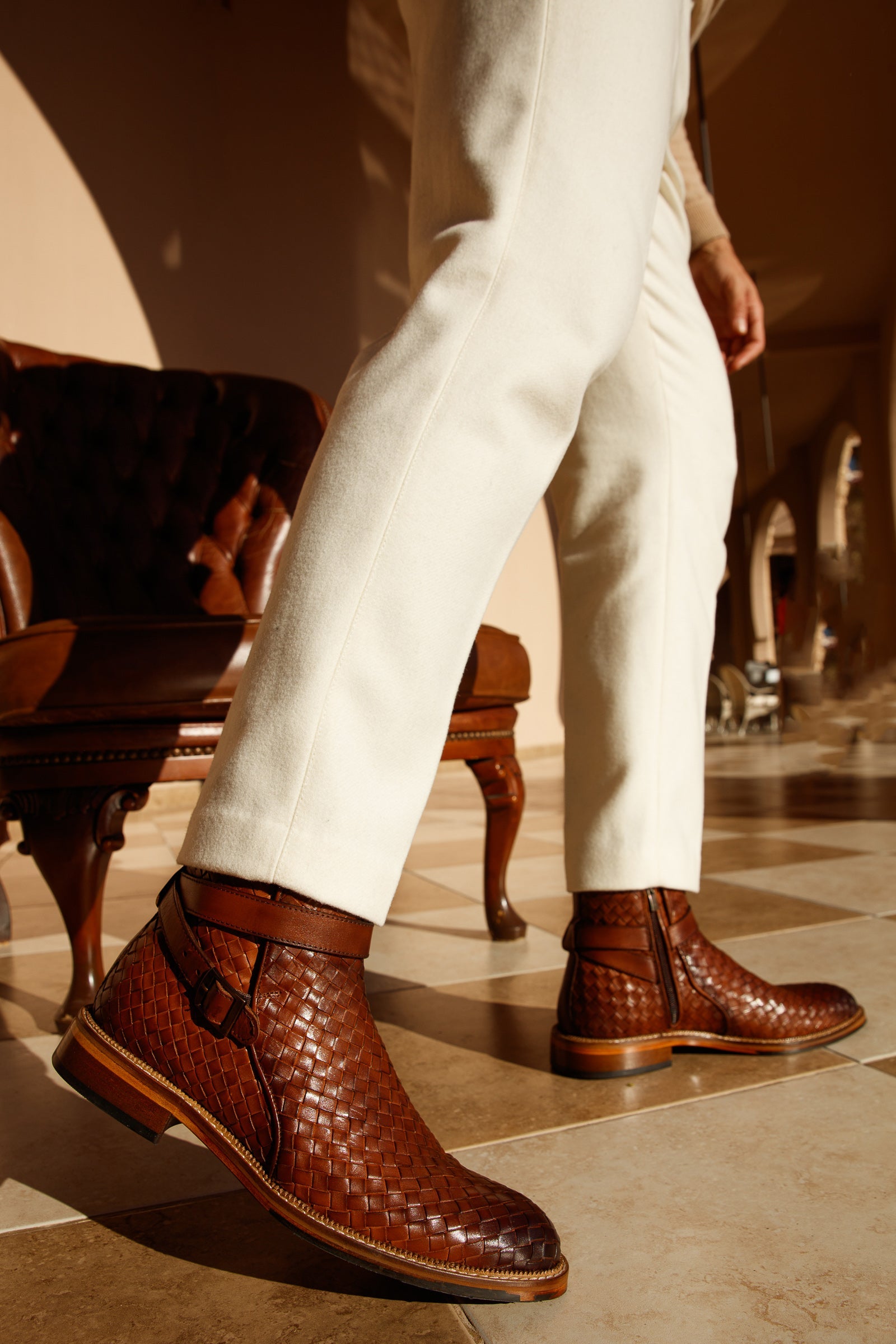 The Morral Tan Handwoven Leather Cross Strap Buckle Zip-Up Men Boot