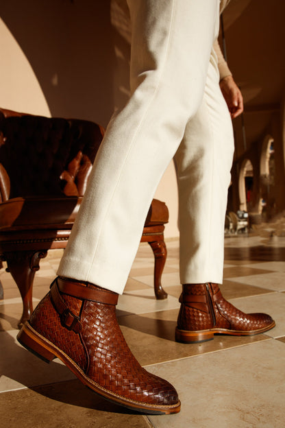 The Morral Tan Handwoven Leather Cross Strap Buckle Zip-Up Men Boot