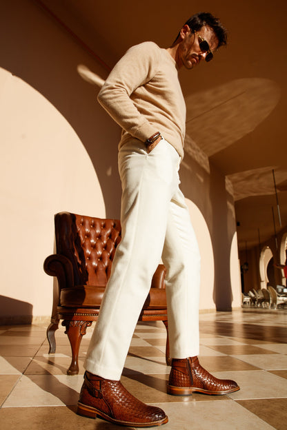 The Morral Tan Handwoven Leather Cross Strap Buckle Zip-Up Men Boot