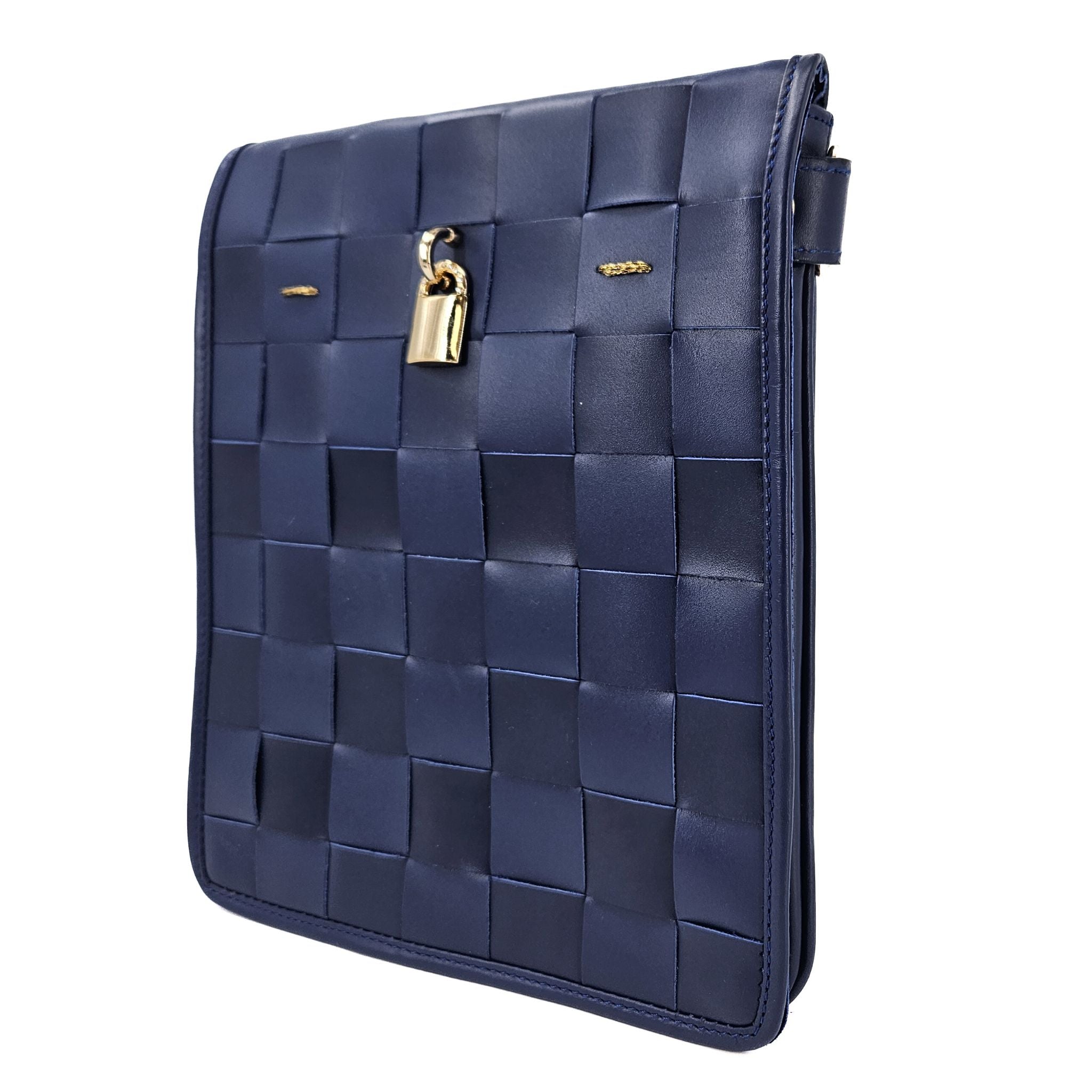 Woven Leather Navy Blue Crossbody Bag