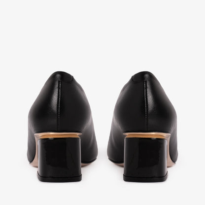 The Diva Black Leather Cap Toe Block Heel Pump Women Shoe