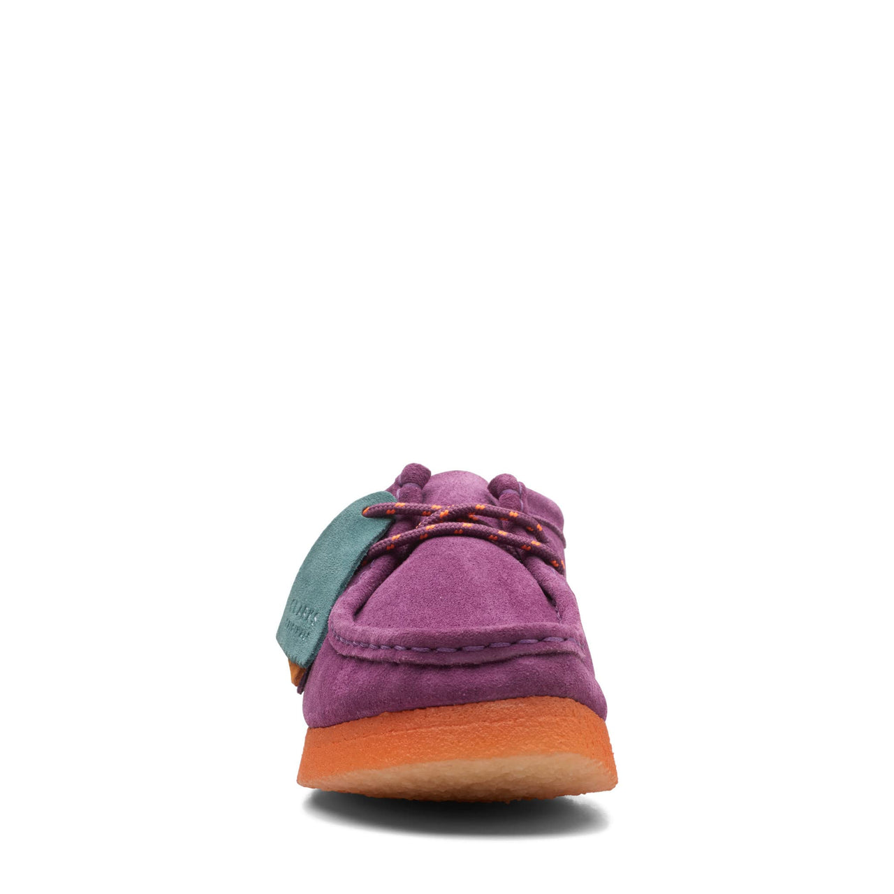 Close-up of the soft suede material on the womens Clarks Wallabee shoes