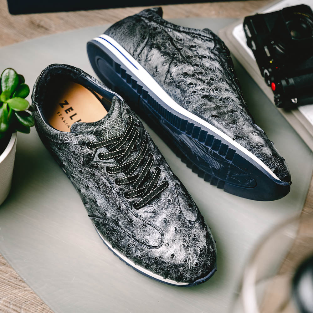 63 - 112 - Blk Rio Ostrich Quill Sneakers, Black Denim Shop by Zelli Italia – Don't Panic Shoes
