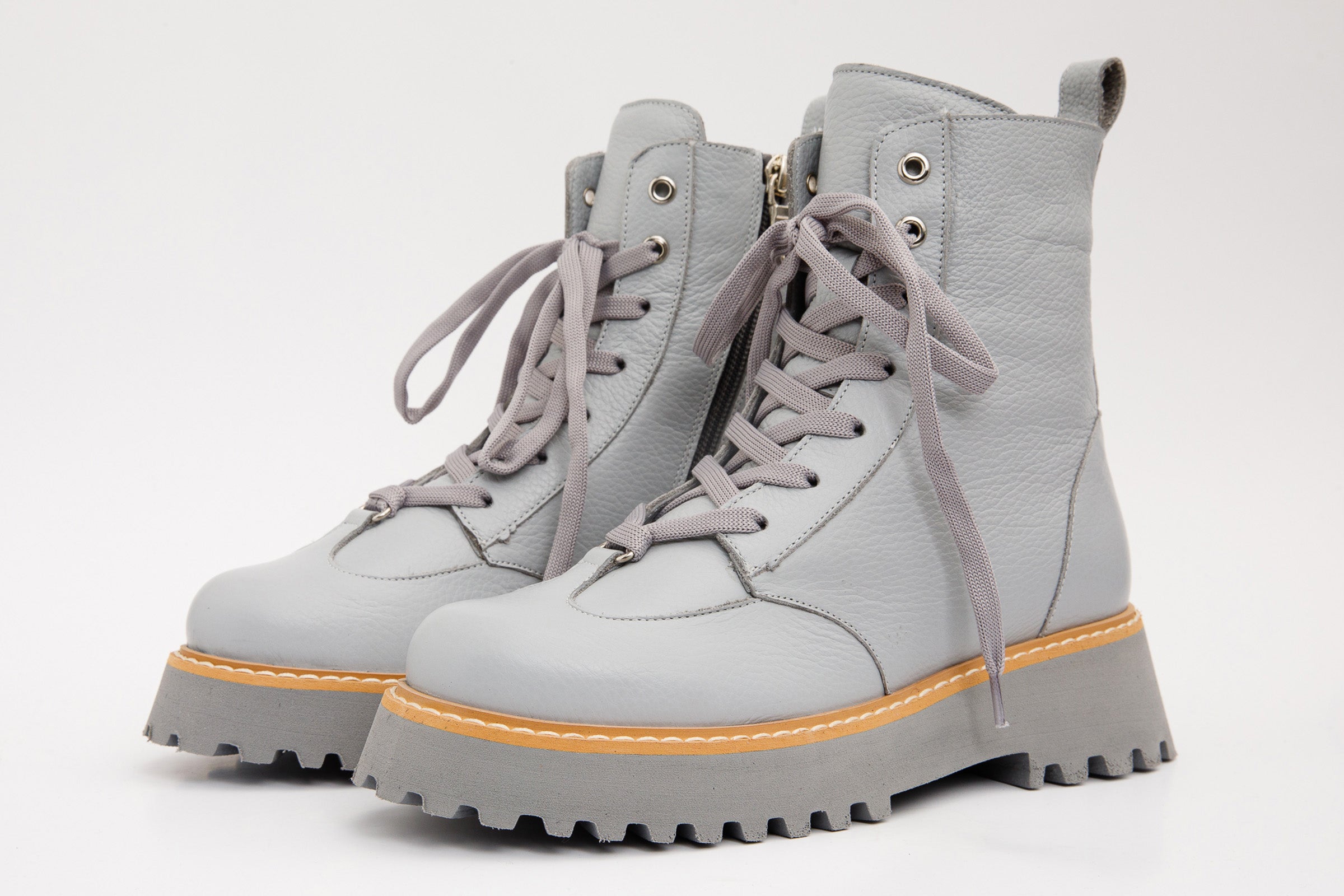 The Yildiz Grey Leather Lace-Up Ankle Women Boot With a Side Zipper