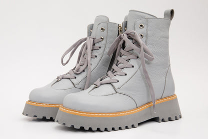 The Yildiz Grey Leather Lace-Up Ankle Women Boot With a Side Zipper