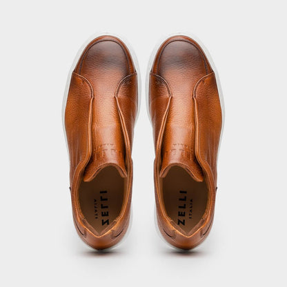 65 - 225 - Cgn Spettacolare Italian Pebble Grain Calfskin Sneakers Cognac Shop by Zelli Italia – Don't Panic Shoes