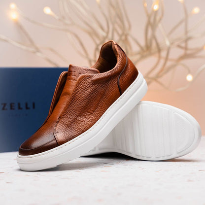 65 - 225 - Cgn Spettacolare Italian Pebble Grain Calfskin Sneakers Cognac Shop by Zelli Italia – Don't Panic Shoes