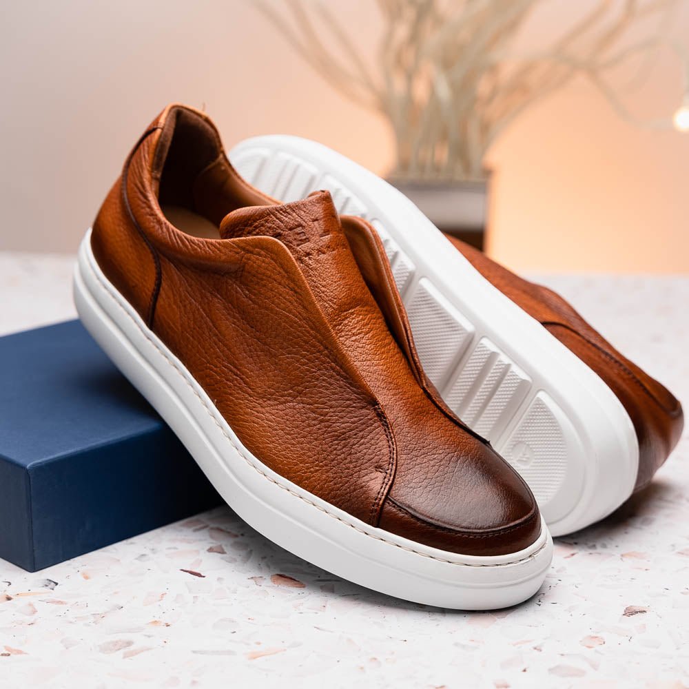 65 - 225 - Cgn Spettacolare Italian Pebble Grain Calfskin Sneakers Cognac Shop by Zelli Italia – Don't Panic Shoes