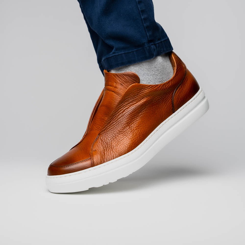 65 - 225 - Cgn Spettacolare Italian Pebble Grain Calfskin Sneakers Cognac Shop by Zelli Italia – Don't Panic Shoes