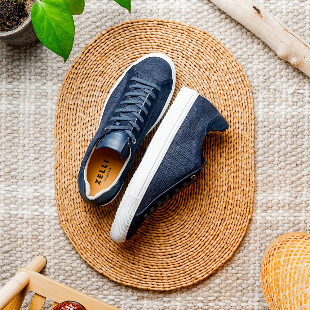 66 - 266 - Nvy Kobe Crocodile Embossed Italian Sueded Goatskin Sneakers Navy by Zelli Italia – Don't Panic Shoes