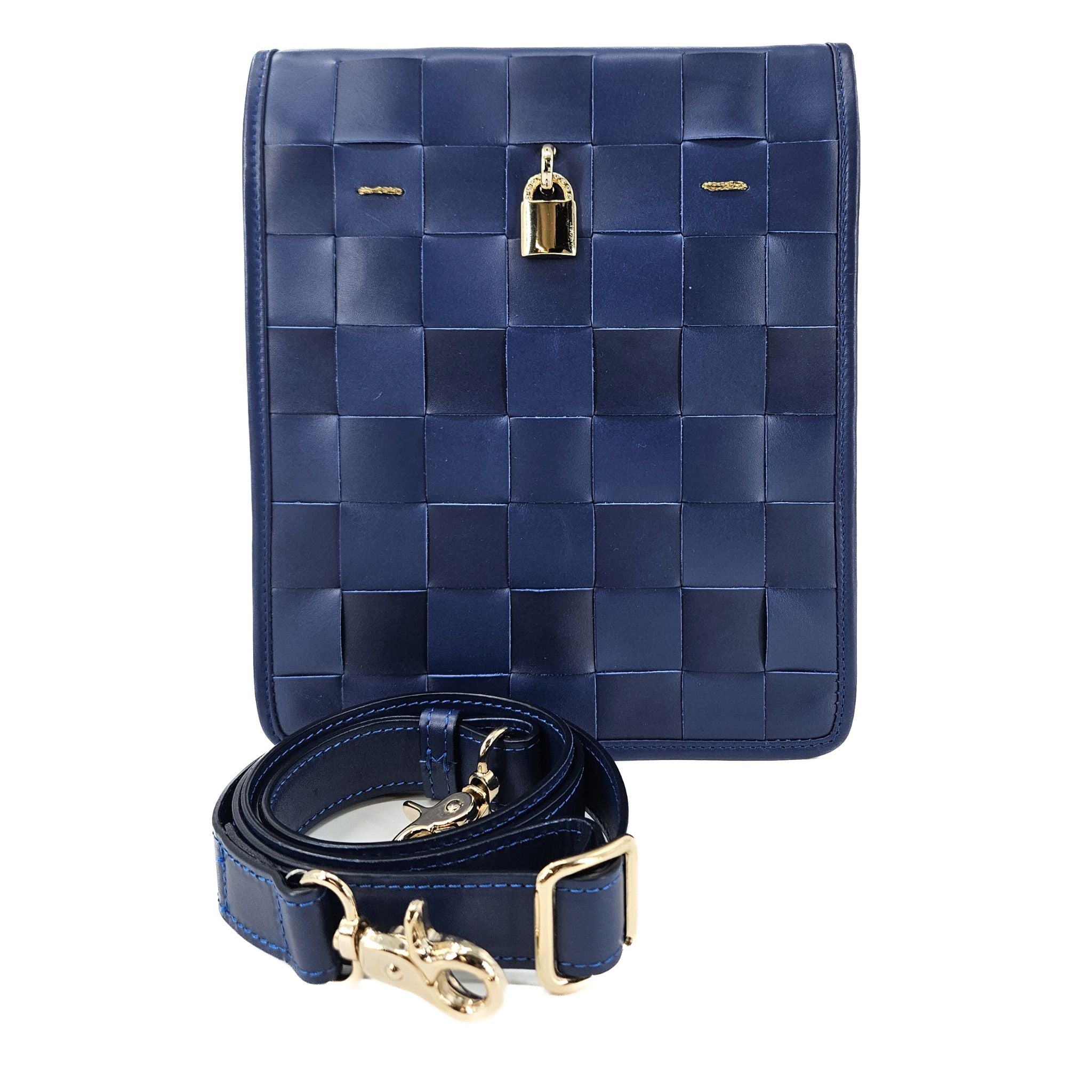 Woven Leather Navy Blue Crossbody Bag