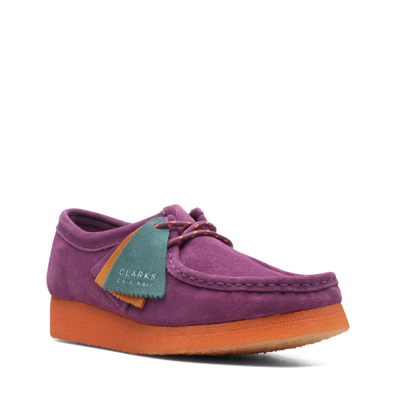 Stylish and comfortable womens Clarks Wallabee shoes in purple suede