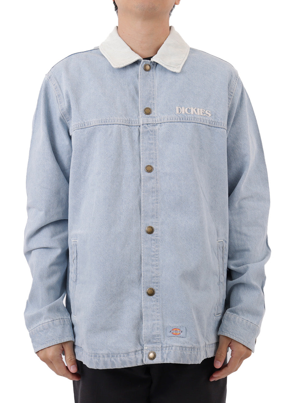 (TJR61C15) Herndon Jacket - Vintage Denim Wash in light blue denim wash with distressed detailing and classic button-up design