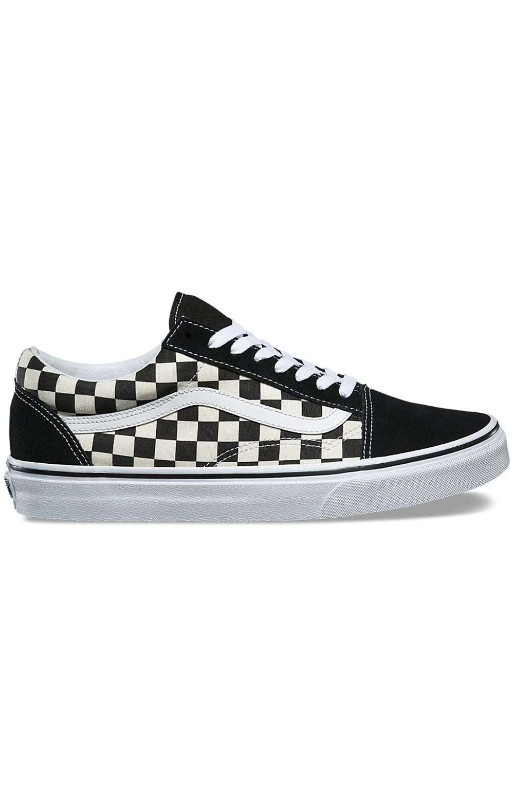 (8G1P0S) Primary Check Old Skool Shoe in Black and White with iconic side stripe and sturdy canvas upper